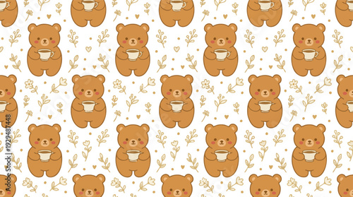 Seamless pattern with cute cartoon bears holding coffee cups and surrounded by small flowers, perfect for textiles and decor