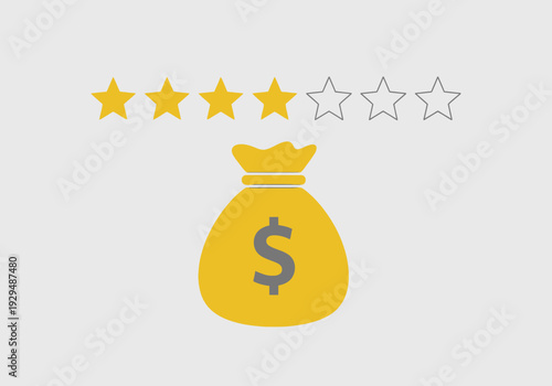 Money Bag With Four Star Rating And Dollar Sign.