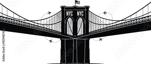 Symmetrical Brooklyn Bridge NYC vector silhouette, black New York landmark icon with airplanes and flag on white background for travel.