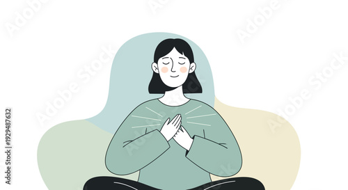 Woman meditating serenely with hands together in a peaceful environment illustration