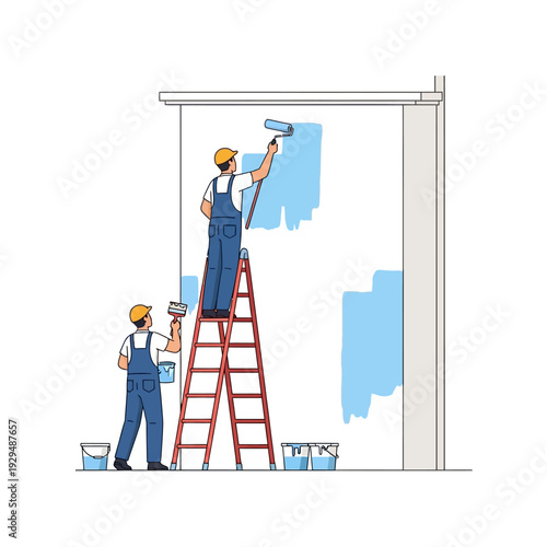 Painters painting wall with roller and brush, construction workers renovating house exterior