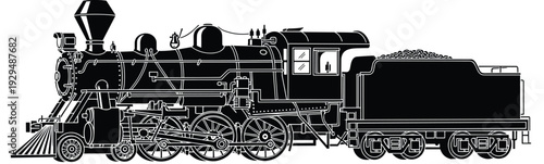 Vintage steam locomotive train vector silhouette, black antique engine icon on white background, historical rail transport illustration for travel and engineering.