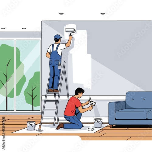 Painters renovating a room, one on ladder painting wall, other on floor with brush