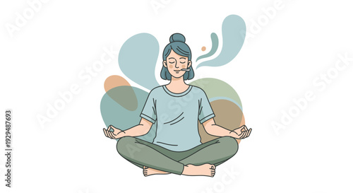 Woman meditating in lotus position with serene expression, surrounded by abstract shapes, depicted in a simple illustration style, in a peaceful environment, viewed from the front.