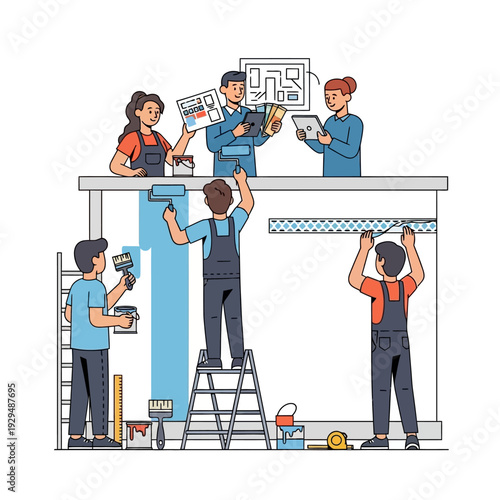 Team of interior designers planning and renovating a room with paint and wallpaper