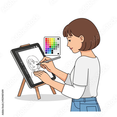 Young woman artist drawing portrait on digital tablet with stylus and color palette