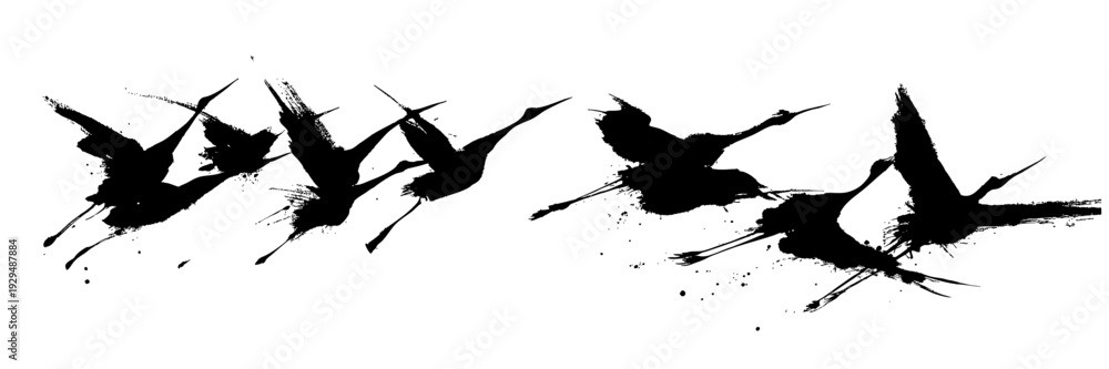 Obraz premium Abstract crane birds in dynamic oriental ink brush strokes with expressive splatter on white background