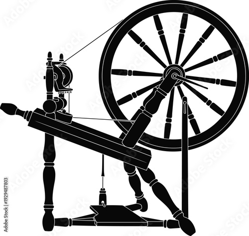 Black silhouette illustration of traditional spinning wheel used for textile production, vintage craft tool, yarn and thread making, historical fiber art equipment concept