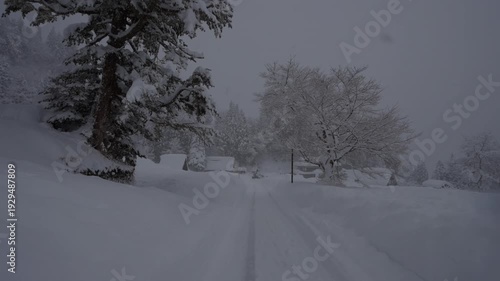 Walking in deep snow in Gokayama mountain village in Toyama, Japan