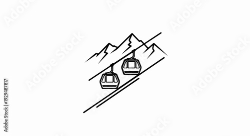 Two cable cars ascend a steep, snow-capped mountain range under a clear sky