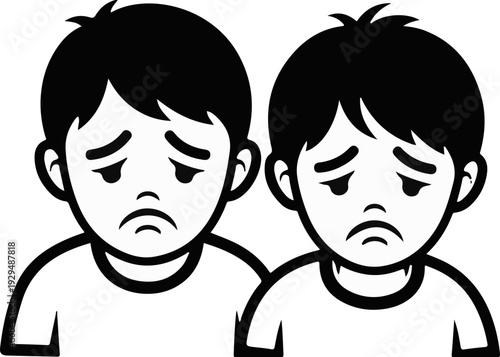 Two cartoon boys with sad expressions, simplified black and white