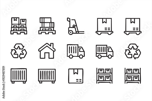 Minimal Logistics Line Art Icons Featuring Trucks Boxes and Pallets