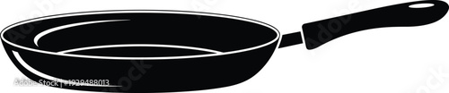 Black frying pan vector silhouette, minimalist kitchenware icon on white background, nonstick skillet illustration for cooking, culinary arts, and home equipment.