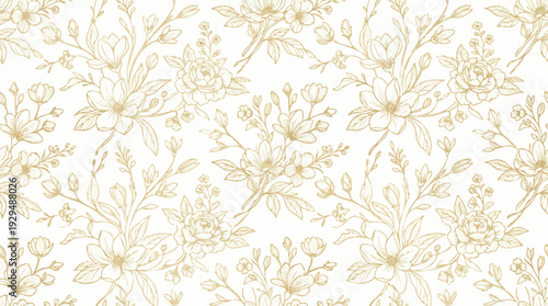 Elegant golden floral pattern illustration on white background, delicate botanical drawing for decorative use
