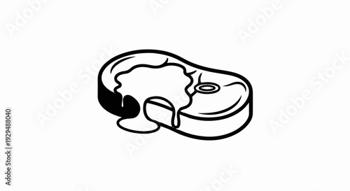 A black and white outline drawing of a steak with sauce drizzled on top