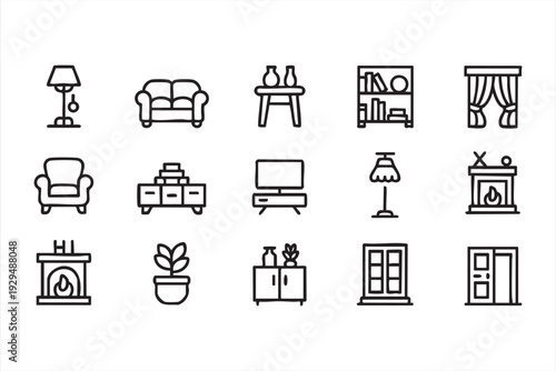 Home Interior Furniture Line Icons Set for Living Room Design