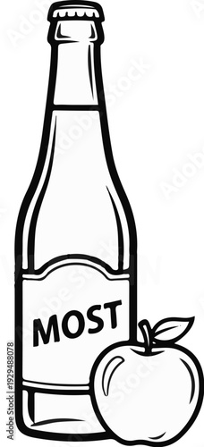 A bottle with a cap and label next to an apple, simple line drawing
