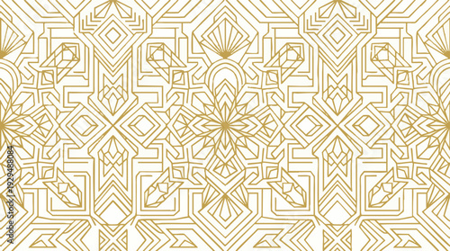 Elegant Golden Geometric Pattern Illustration. Seamless Art Deco Style Design with Intricate Lines and Abstract Symmetrical Shapes for Luxurious Backgrounds, Borders, and Decorative Elements
