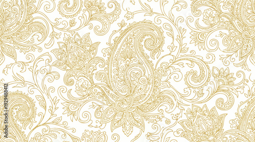Elegant gold paisley pattern on a white background, intricate floral motif with traditional Indian and Persian design elements