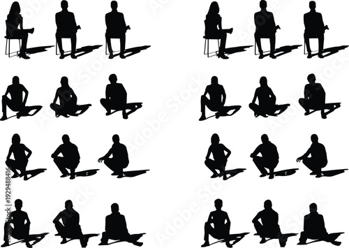 Collection of black human silhouettes in sitting and squatting poses isolated on white background, vector style set for design reference illustration bundle pack