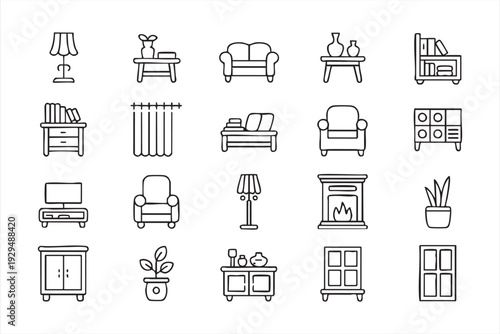 Cozy Living Room Furniture Line Icons for Interior Projects