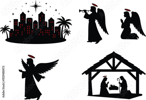 Black silhouette illustrations of nativity scene, angels with halos, Bethlehem cityscape, trumpet player, and prayer figures with red accents, symbolic Christmas artwork representing faith, tradition,
