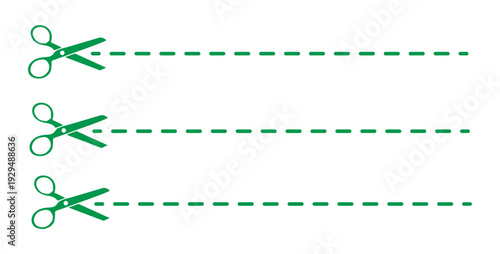 Simple black and white graphic icon illustrating three separate scissors poised ready to cut along distinct horizontal perforated or dashed cutting lines for graphic design projects.