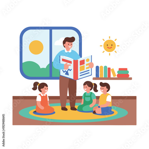 A smiling man reads an open book to three attentive children sitting on a colorful rug in a bright room with a window showing a sunny landscape and a bookshelf.