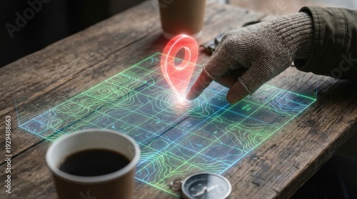Person interacting with digital map on wooden table with coffee