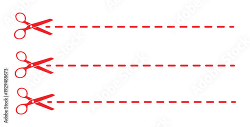 Simple black and white graphic icon illustrating three separate scissors poised ready to cut along distinct horizontal perforated or dashed cutting lines for graphic design projects.