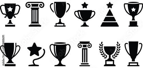 Award and trophy icon pack, featuring cups, columns, medals, and stars for competition, recognition, achievement, corporate, and sports vector illustration projects.