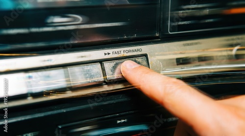 Hand pressing fast forward button on vintage cassette player