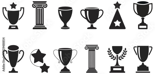 Trophy vector set, includes award cups, columns, medals, and star symbols for recognition, achievement, competition, sports, and corporate design projects.