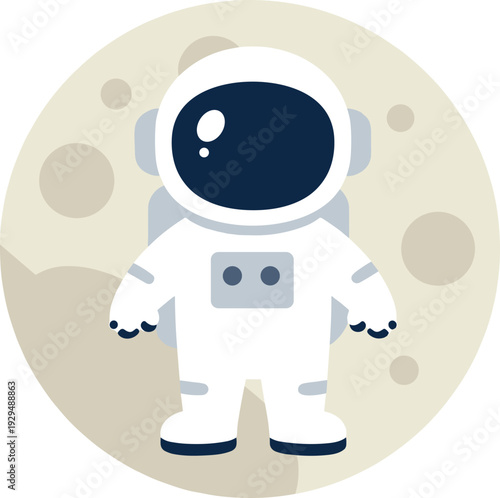 Cartoon astronaut stands on the surface of the moon in a space suit