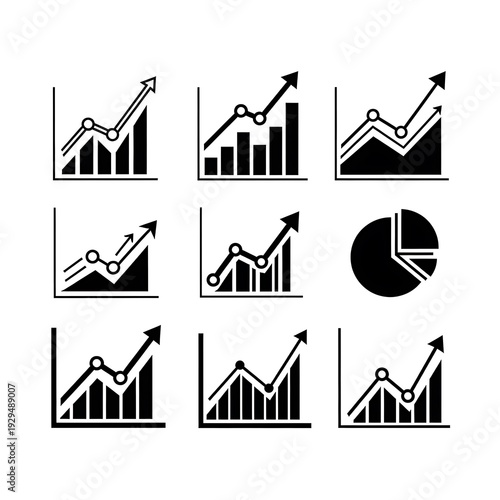 A collection of black and white graphs and charts on a white background.