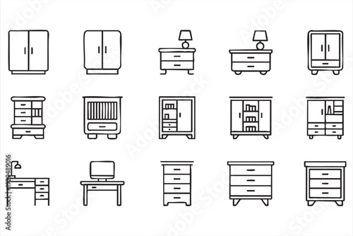 Storage Furniture Outline Icon Collection with Wardrobes and Desks