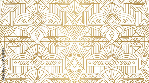 Elegant Art Deco Geometric Pattern with Golden Ornate Lines on White Background