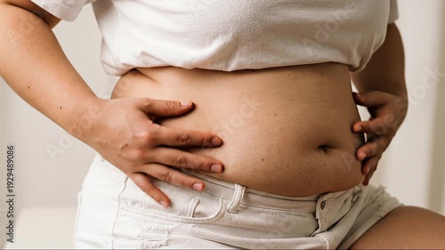 Woman Gently Touching Belly Fat - Tummy Tuck Concept 