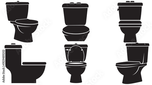 Set Of Toilet Icons In Clean Black Silhouette Style For Restroom Signage, Sanitation Facilities And Public Washroom Wayfinding — Black Solid Vector