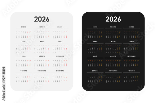 Spanish calendar 2026 template with months in Spanish language. Clean minimal vector layout with Monday start.