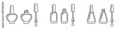 Set of nail polish bottle with brush linear icons. Beauty and cosmetic symbols with editable stroke, isolated on transparent background, suitable for manicure, nail salon branding, beauty apps