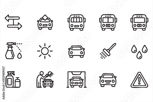 Automotive Cleaning and Transport Outline Icon Collection Vector