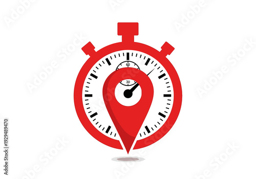 Red Stopwatch With Location Pin Icon.