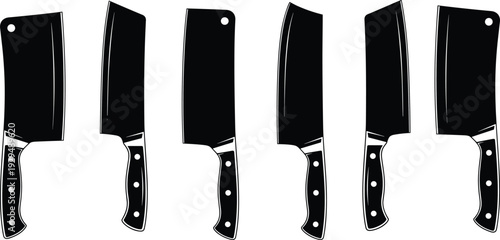Black silhouette vector illustration of five distinct meat cleavers with varied blade shapes and handle designs, culinary kitchen tools artwork for cooking, butcher, and food preparation