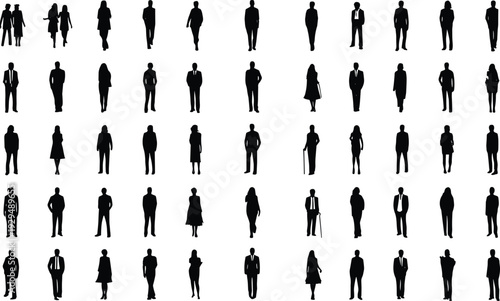 Collection of diverse business people silhouettes standing in various poses isolated on white background, corporate workforce set for design and branding projects