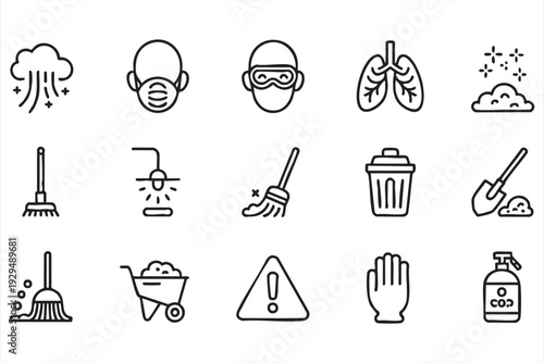 Minimal Cleaning Line Art Icons with Safety and Hygiene Symbols
