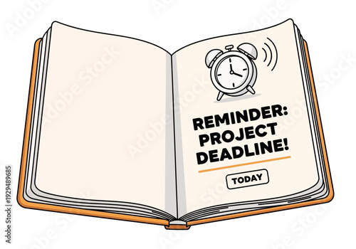 Open book with reminder project deadline alarm clock today notification.