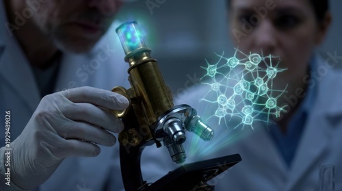 Scientists examining neurons through microscope in laboratory setting