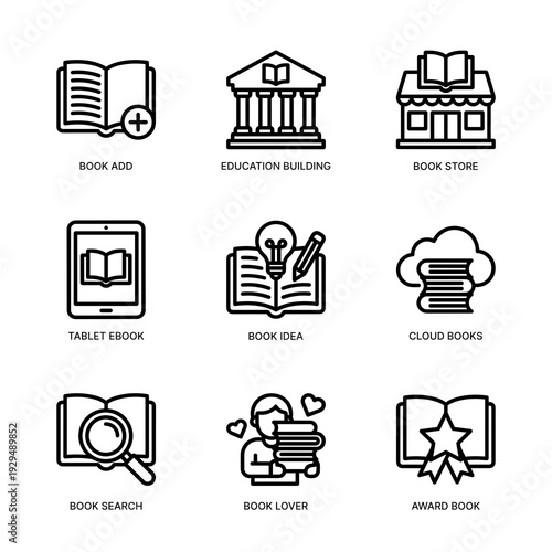 Minimalist Line Art Book Icon Set Collection for Education and Learning