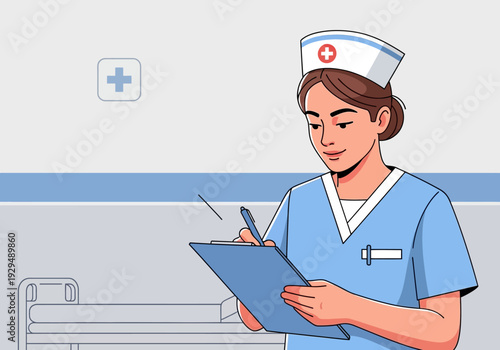 Nurse Writing Notes on Clipboard in Hospital Setting.